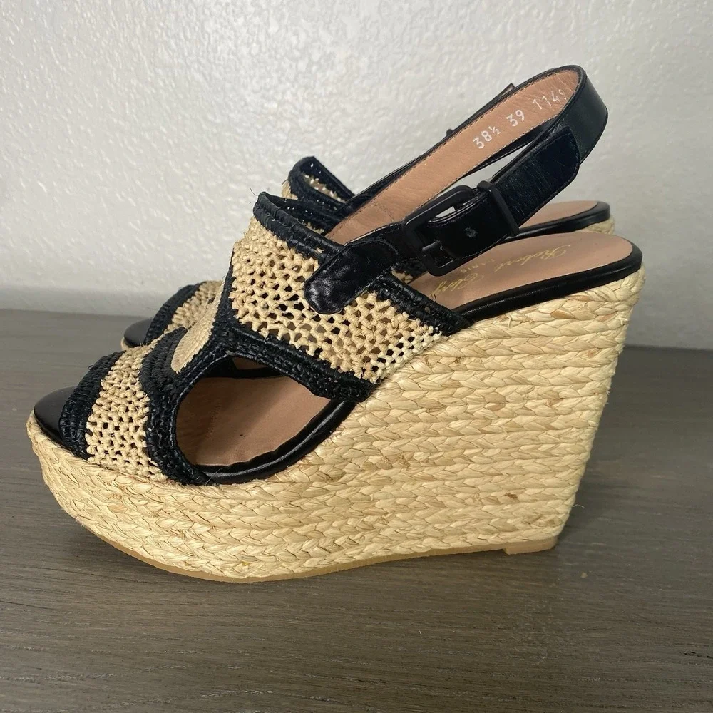 NWOT Robert Clergerie Woven Raffia‎ Wedge Sandal in Natural/Black Sz 8 $550